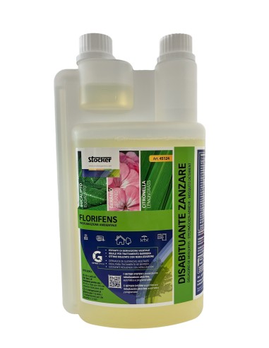 Disabituante naturale per zanzare Florifens Stocker a base di estratto di eucalipto, geranio e citronella -  Bottiglia da 1 lt